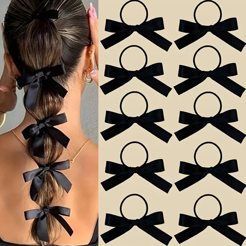 10pcs Black White Bow Hair Ties, Satin Ribbon Hair Elastics, Daily Use, Trendy Ponytail Holders, Hair Accessories for Women