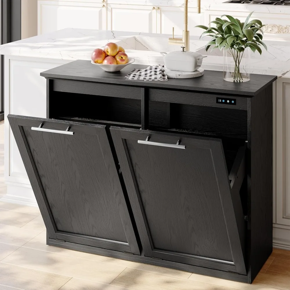 

Tilt Out Trash Cabinet with Quick Installation and Deodorising Function, Wooden Freestanding Trash Can Cabinet Holds Up to 2x13