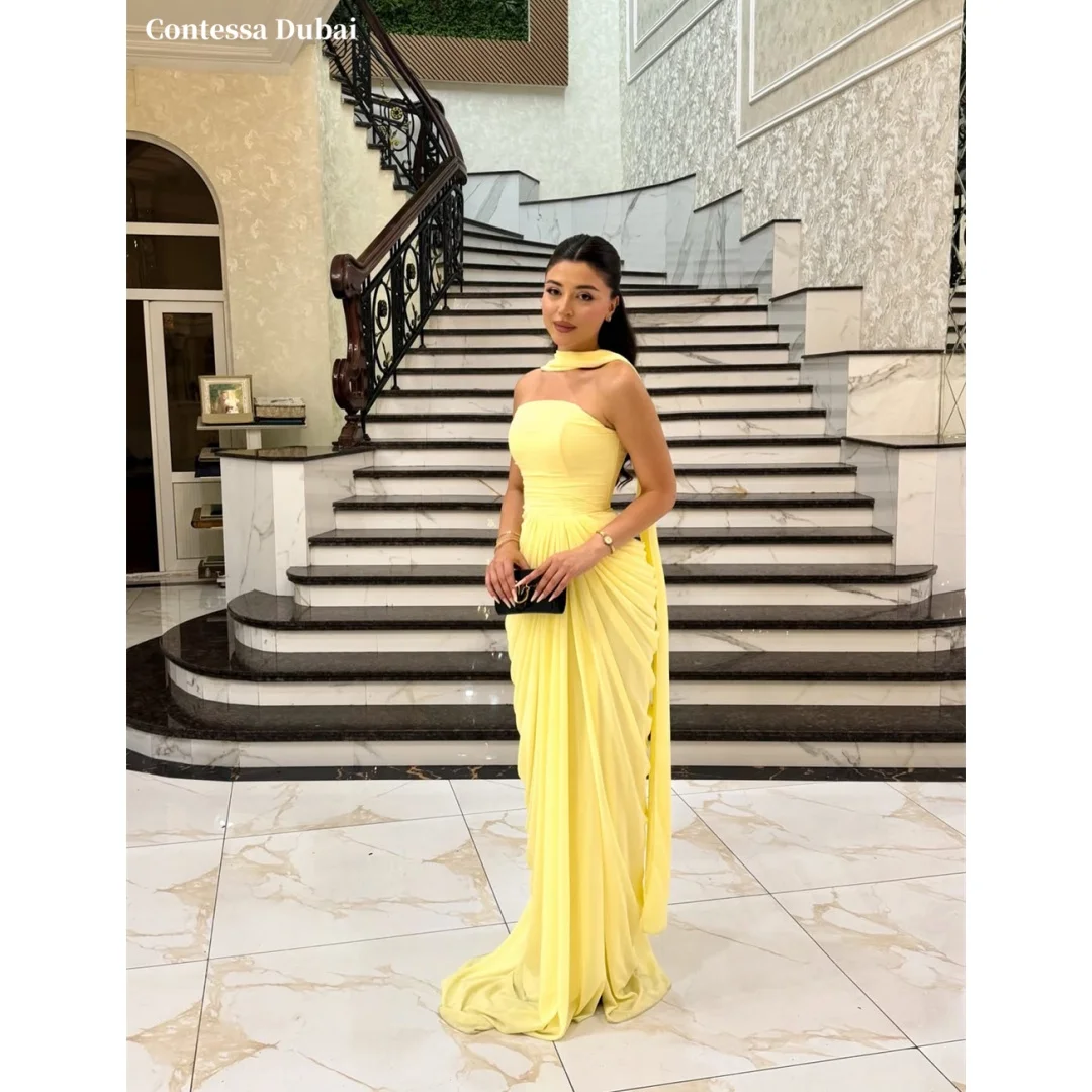 Contessa Custom Yellow Halter Neck Shawl Prom Dress Strapless Vestidos De Noche Multilayer Pleats Formal Evening Dresses 2026