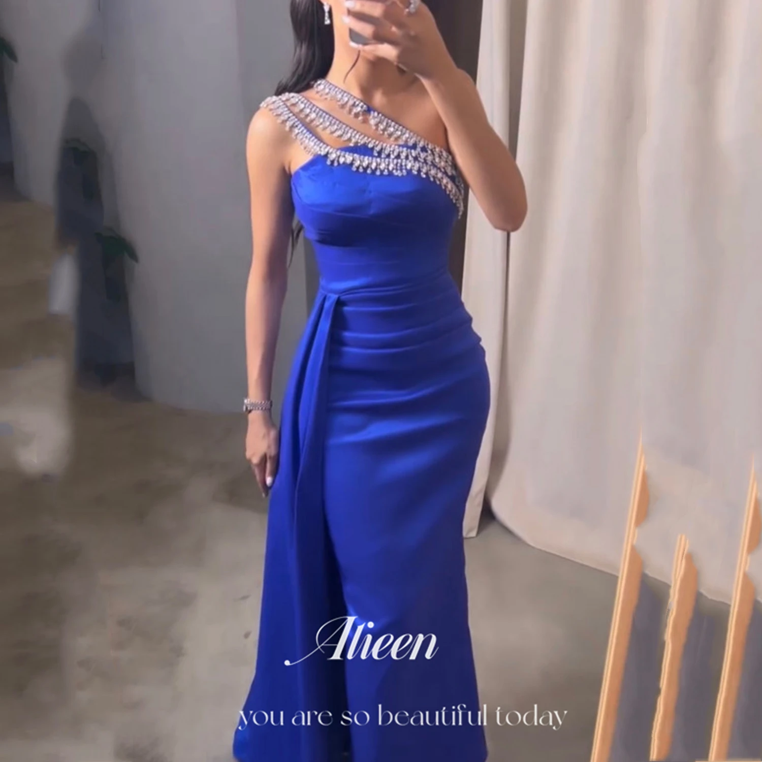 Blue Satin Diamond Jewelry Mermaid Wedding Party Dress Women Elegant Luxury Evening Dresses for Formal Occasions Customized