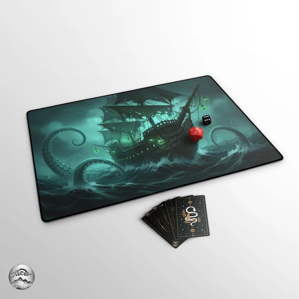 Kraken & Ghost Ship TCG  Playmat, Pirate Ship And Stormy Seas Mat With EDH Zones, Dark Fantasy Sea Creature, Extended Play Mat