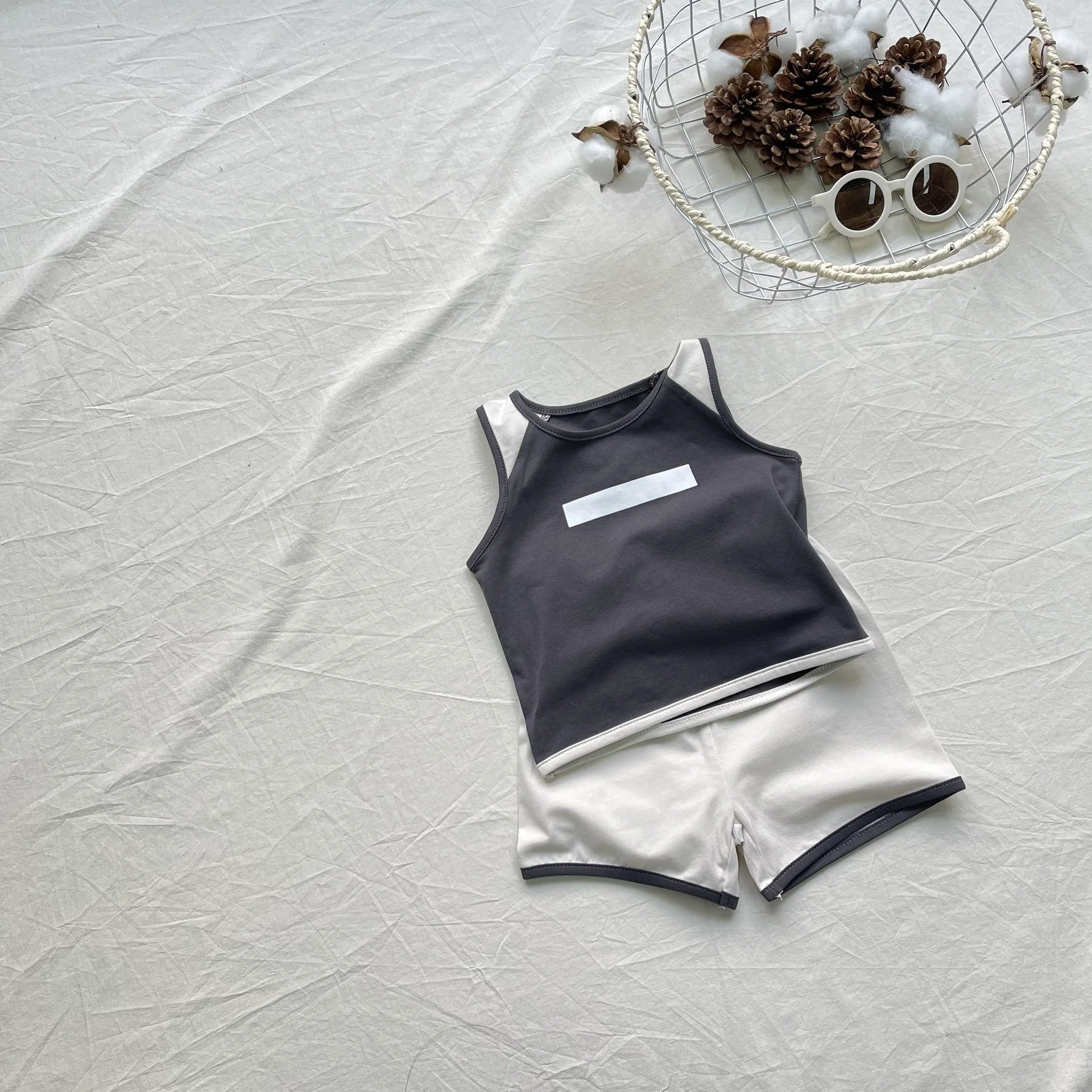 Tank Top Color Blocking Set Summer New Style Set Boys and Girls Shorts Two Piece Set Refreshing and Breathable