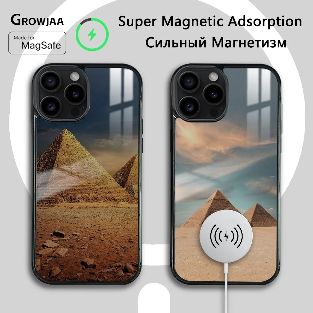 Egyptian Mythological Sites Pyramid Magsafe Phone Case For iPhone 15 14 13 12 11 Pro Max Plus Mini Mirror Wireless Magnet Cover