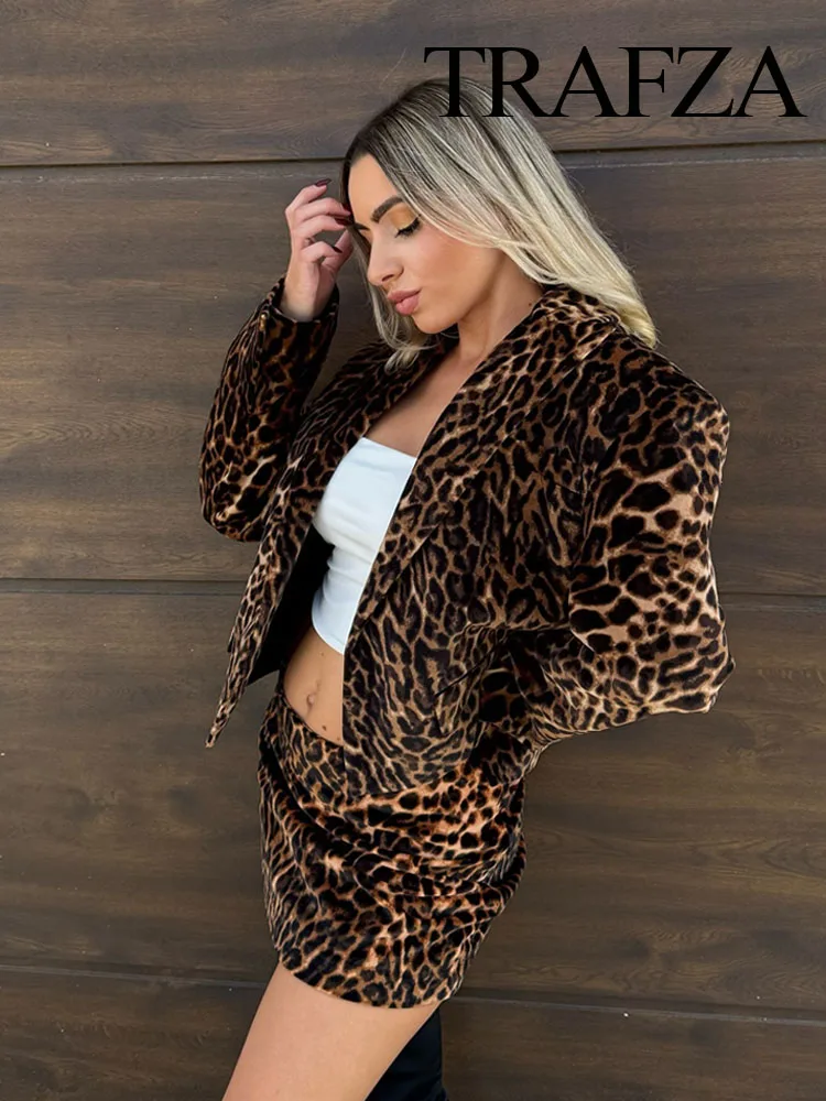 TRAFZA Damski 2-częściowy zestaw Leopard Print Lapel Pocket Decorate Short Coat+Elegant Casual High Waist Side Zipper Mini Skirt Mujer