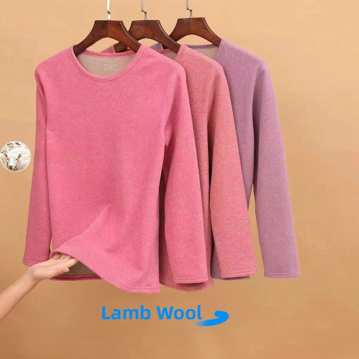 

Thickened Lamb Velvet Particle Fleece Heating Women's Thermal Underwear Pure Color round Neck Trace Set Long Sleeve Long Pants