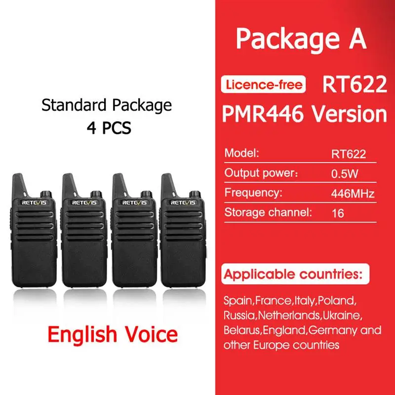 To RT622 Mini Walkie Talkie 4 Pcs Walkie-talkies PMR446 FRS VOX Portable Two Way Radio Station for Restaurant Hotel