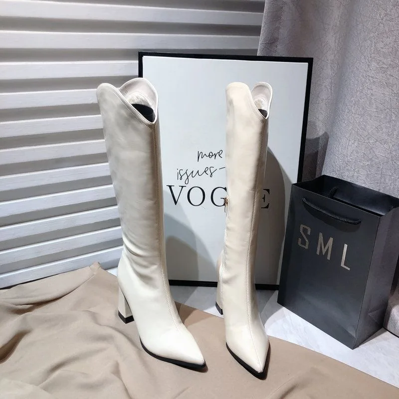 2025 Women Knee High Boots Autumn Winter Pointed Toe Thick Heel Knight Boots Botas Mujer Fashion V-Notch High Heels Long Botas