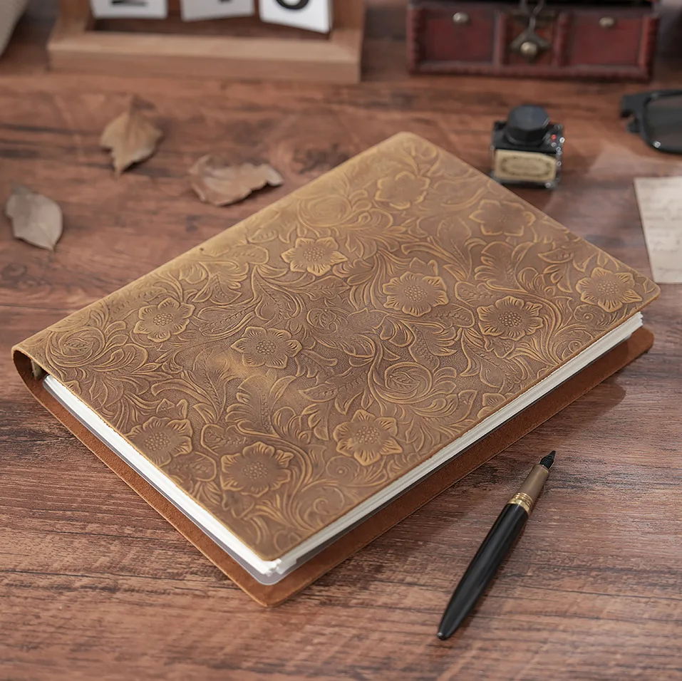 Real Leather Notebook Genuine Leather Cover Journal Loose-leaf Notebooks Floral Pattern Retro Style A4 A5 B5