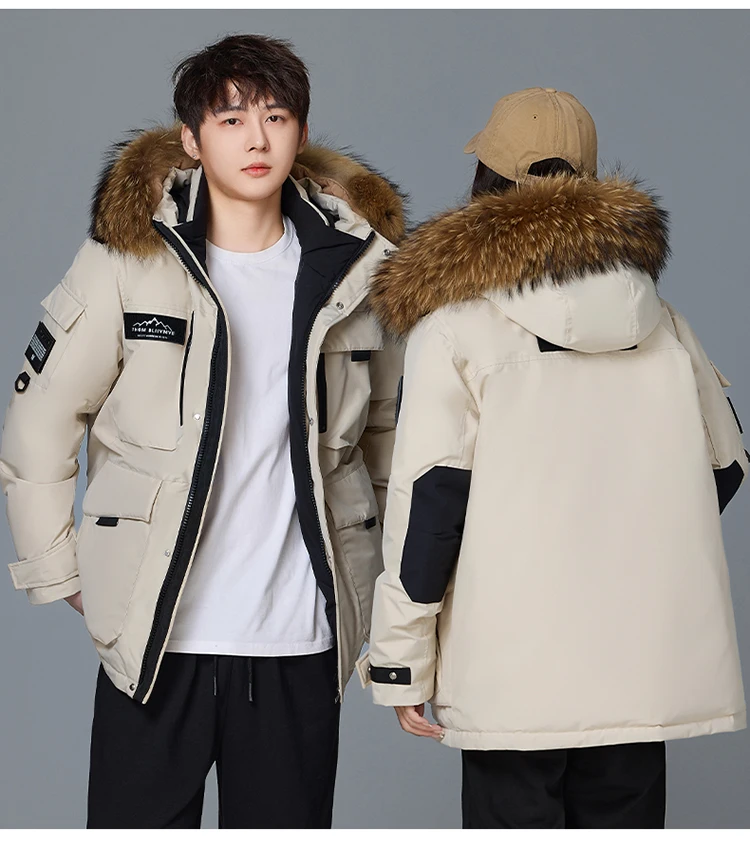 GIOIO men's goose down jacket, goose down filling, fur collar thickened casual parka, mid-length warm cotton jacket