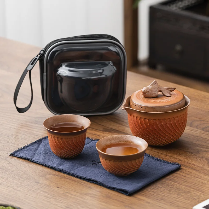 Retro Rough Pottery Tea Set 1 Teapot 2 Teacups 1bag Portable Travel Kung Fu Tea Set Ceramic and Pottery Teeware Teware Gaiwan