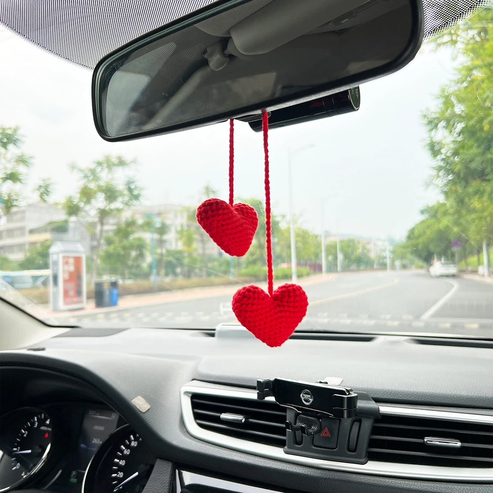 Heart Car Rear View Mirror Accessory Styling Crochet Red Pink Heart Hanging Decor Gadgets Interior Accessories For Women