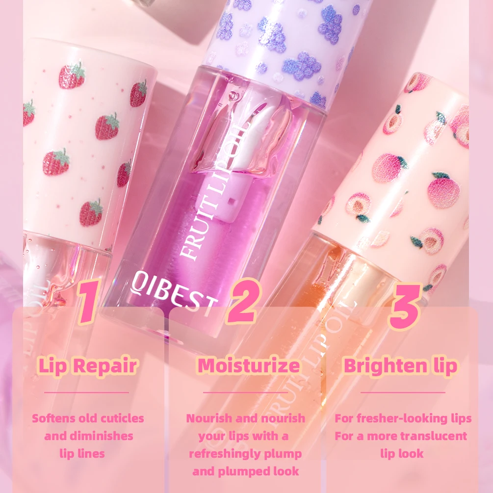 QIBEST Frucht-Lippenbalsam, Öl, Lippen-Make-up, feuchtigkeitsspendendes Lippenöl, aufpolsternd, langlebig, sexy Lipgloss, Lippenstift, Grundierung, Kosmetik