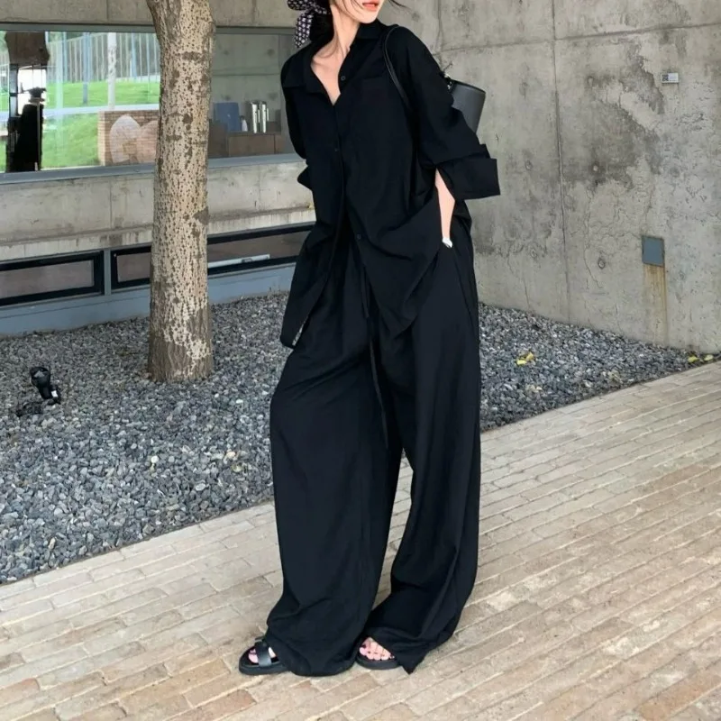 Temperamento blanco Polo Collar camisa Top Slack traje ropa de mujer moda de verano Casual pantalones de pierna ancha conjunto de dos piezas 2025