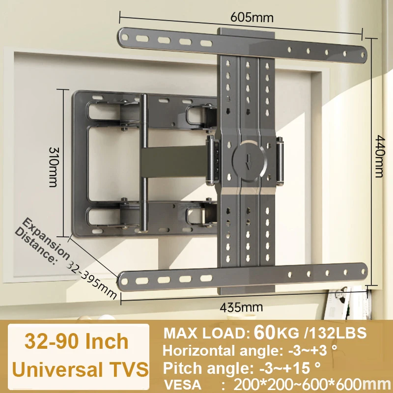 TV Wall Mount for 32-90 Inch TV,TV Mount with Swivel and Tilt,Full Motion TV Bracket with Articulating Dual Arms VESA 800X600 mm