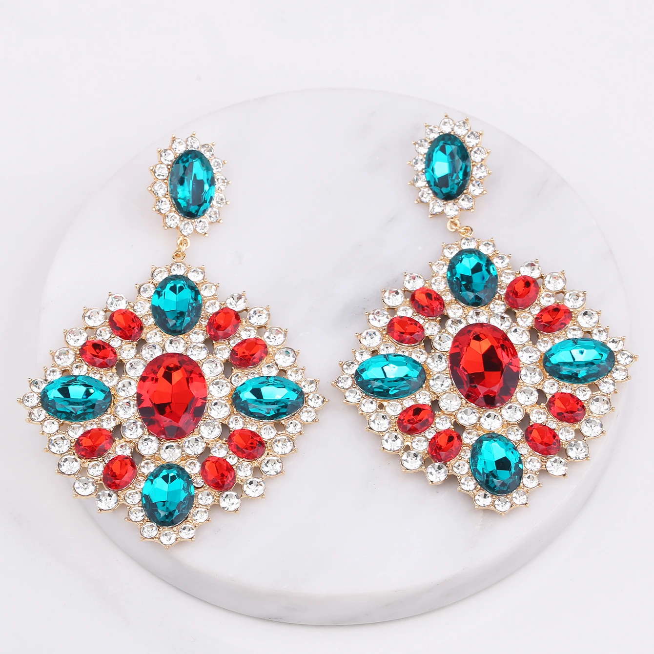 جديد سوبر مبالغ فيه كبير خمر المعادن الملونة حجر الراين القرط مجوهرات اكسسوارات للنساء أقراط الزفاف القرط