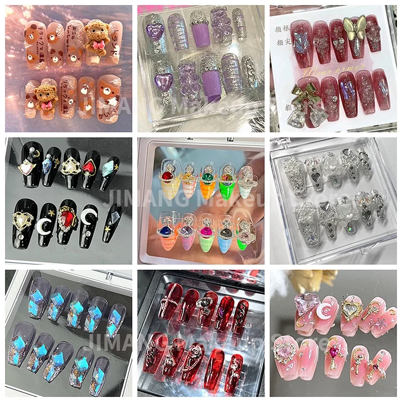 

4sets/Lot Blind Box Handmade Long False Nails Tips Glitter Rhinestone Press On Nails Y2K Reusable Short Fake Nail With Glue Gift