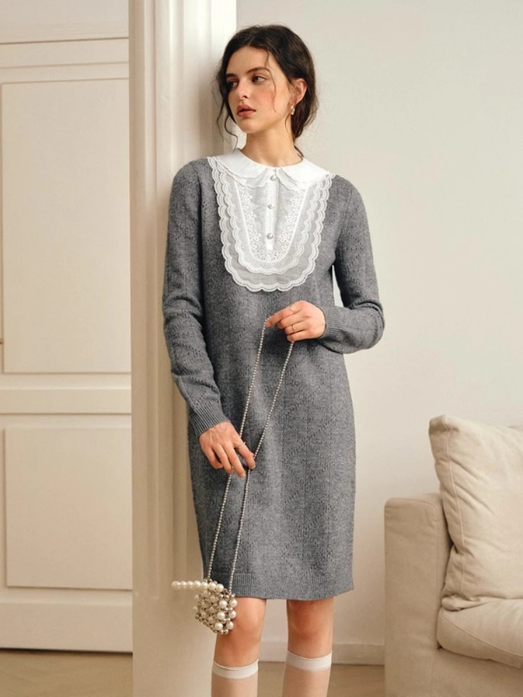 

OLrain Women Casual Knitted Dresses 2025 Autumn New in Lace Straight Dress Vintage Elegant Loose Dress Woman Clothes O57QL001313
