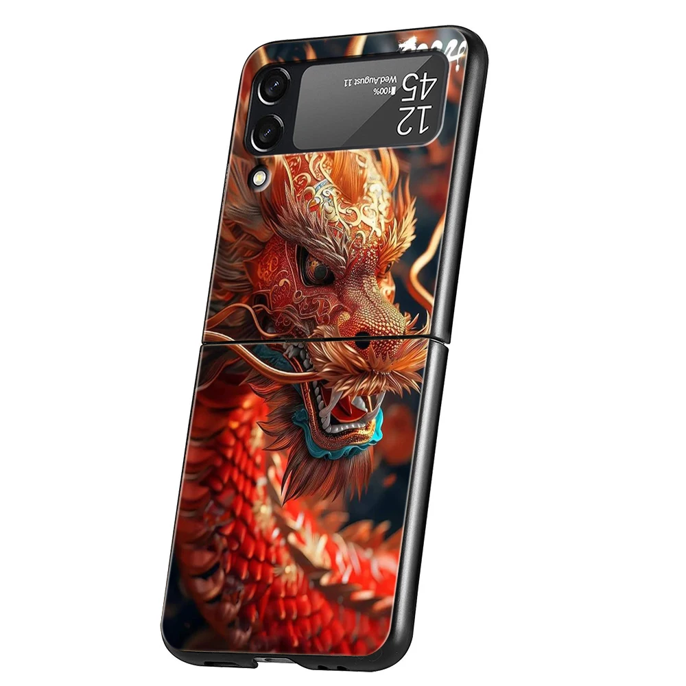 Cartoon Dragon Hard PC Phone Case For Samsung Galaxy Z Flip 6 5 4 Black Cover For Galaxy Z Flip 3 Foldable Shockproof Cases Capa