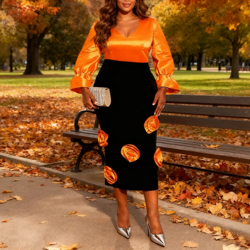 

Элегантная бархатная юбка-миди для женщин, осень-зима, облегающие юбки с высокой талией и 3D цветочной аппликацией для вечеринки, ужина и офисной одежды