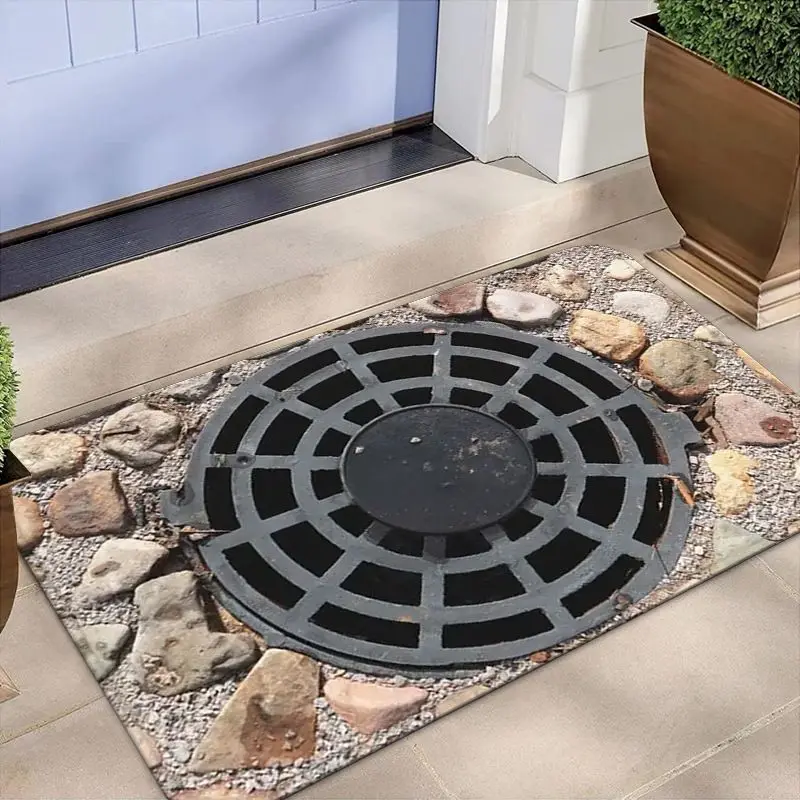 VIKAMA 3D Optical Illusion Manhole Cover Doormat, Funny Street Drain Non Slip Rug for Front Door Entryway Novelty Home Decor