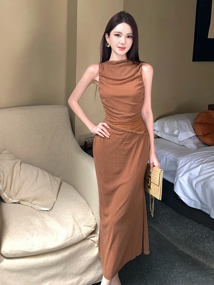 Vestido largo ceñido al cuerpo con diseño trenzado y inserciones de malla sin mangas, que realza la cintura, para mujer joven, temporada de verano, silueta en H.