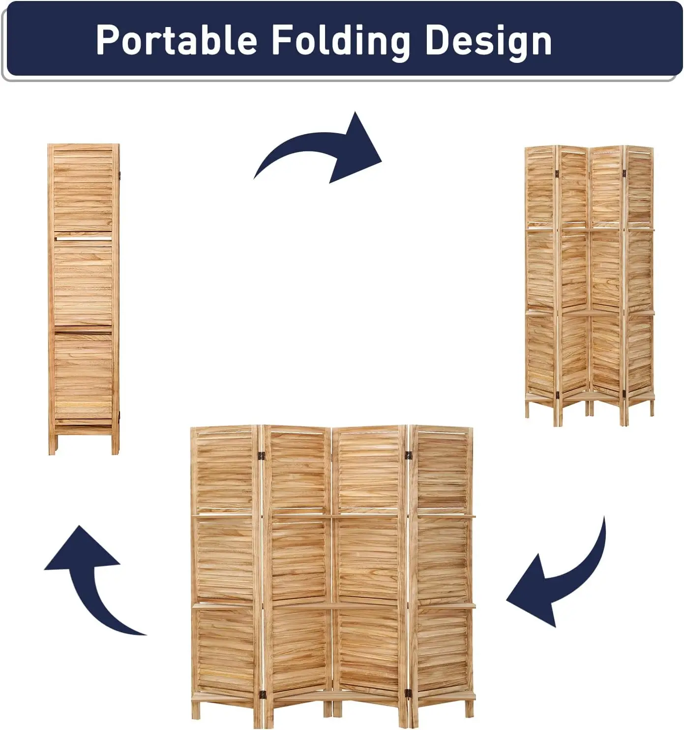 4 Panel Room Divider with Shelves 5.6Ft Wood Room Divider Folding Screens Wooden Wall Dividers and Folding Privacy Screen