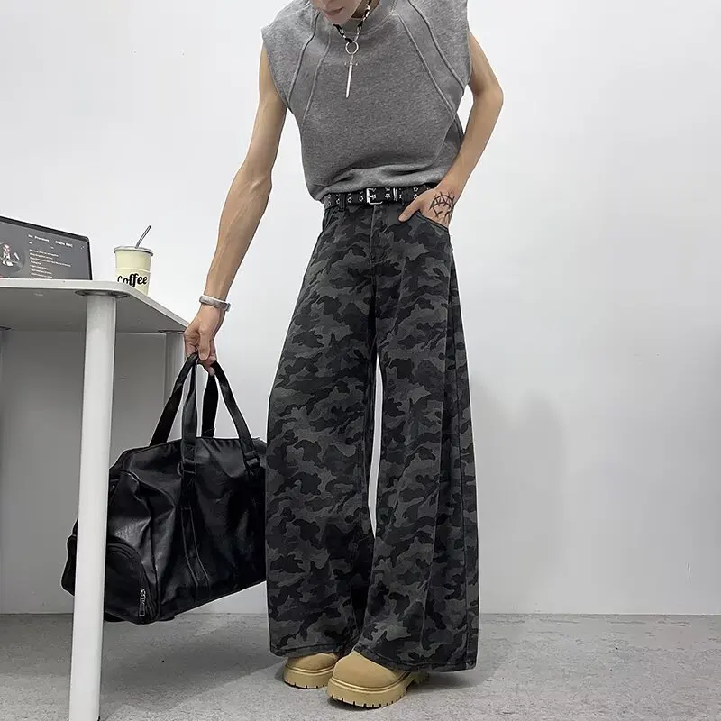 

Весенне-осенние винтажные камуфляжные прямые джинсы в американском стиле, мужские уличные брюки в стиле хип-хоп, нишевые свободные потертые джинсовые широкие брюки