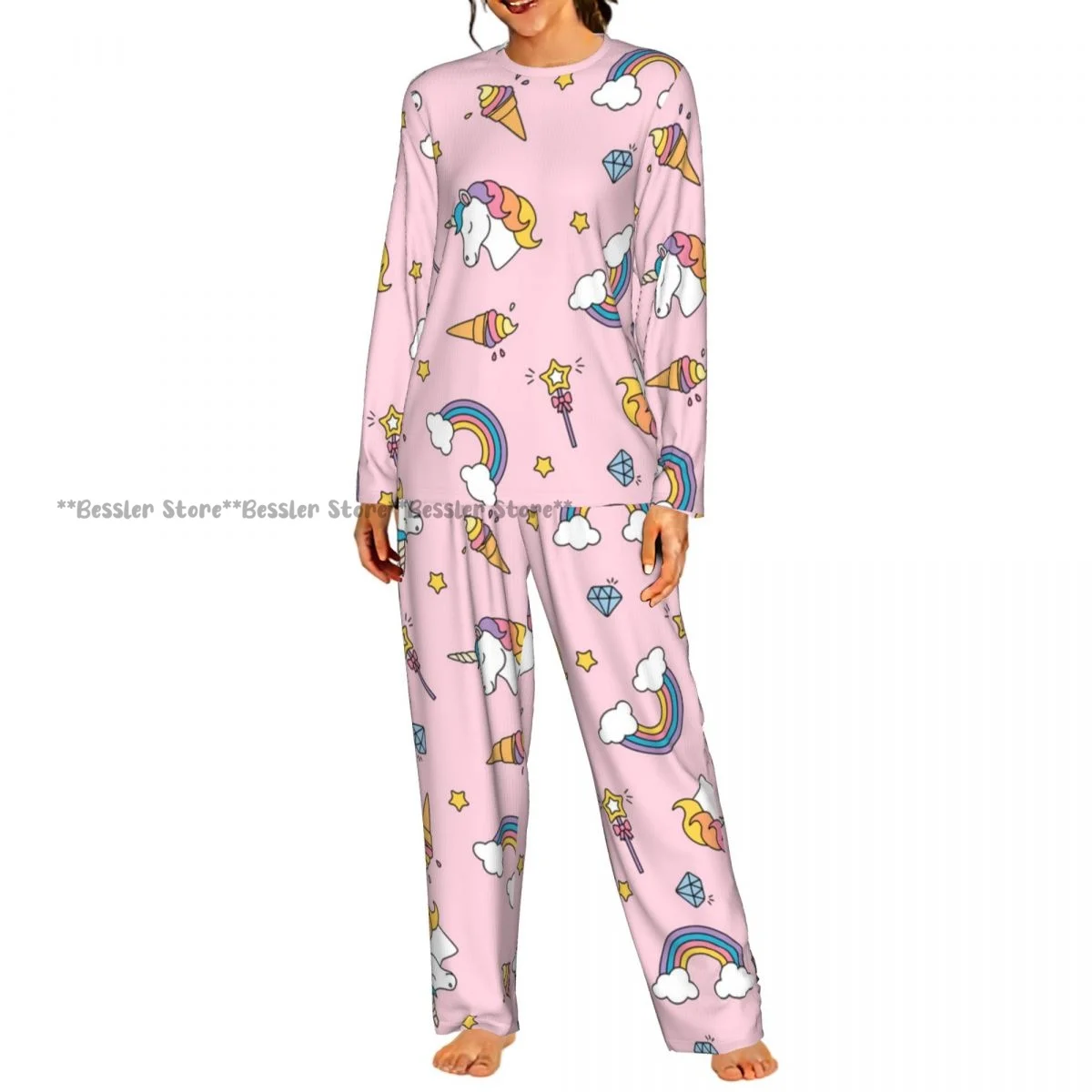 2 Piece Loungewear Women Pajama Sets Unicorn Rainbow And Magic Pattern Soft Homewear Sleepwear Long Sleeve Nightwear