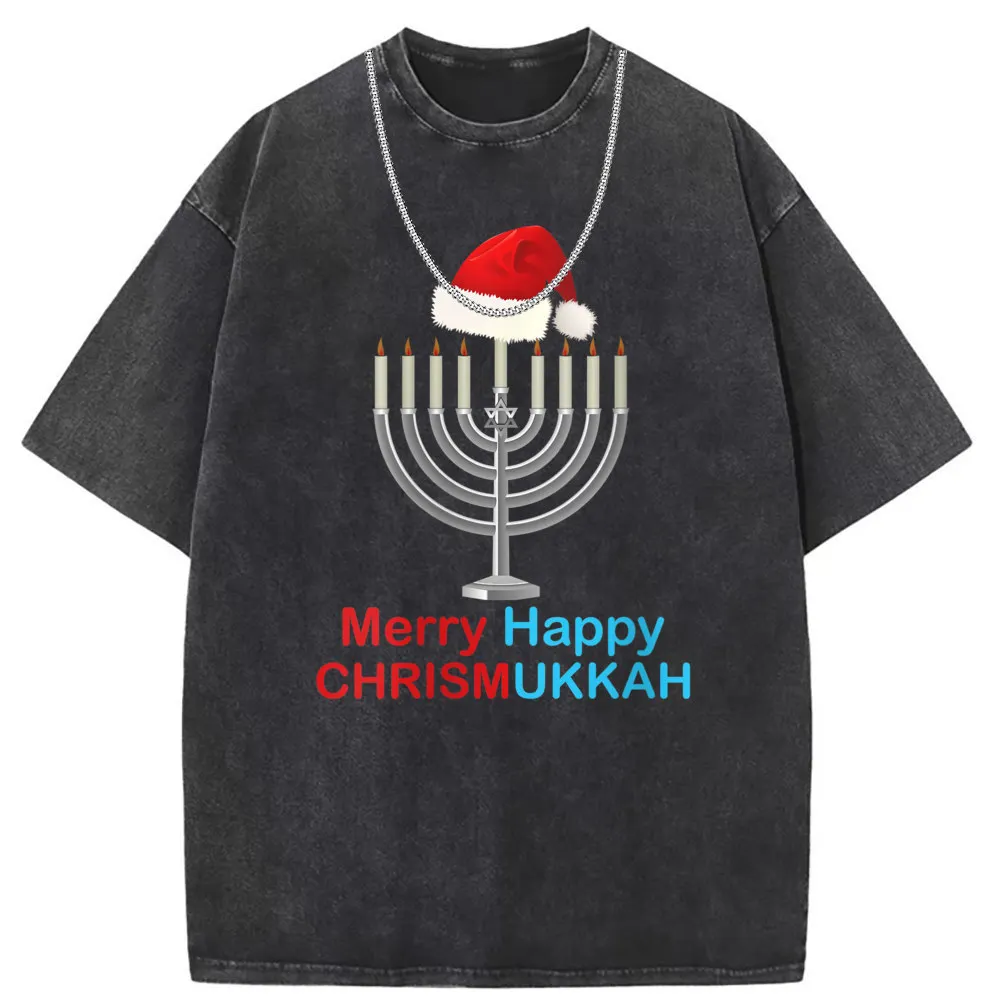 Merry Happy Chrismukkah Man Unisex Christmas Gifts T-shirts Retro Cotton Long Sleeve Tee Shirt Men Printed Washed Sweatshirts