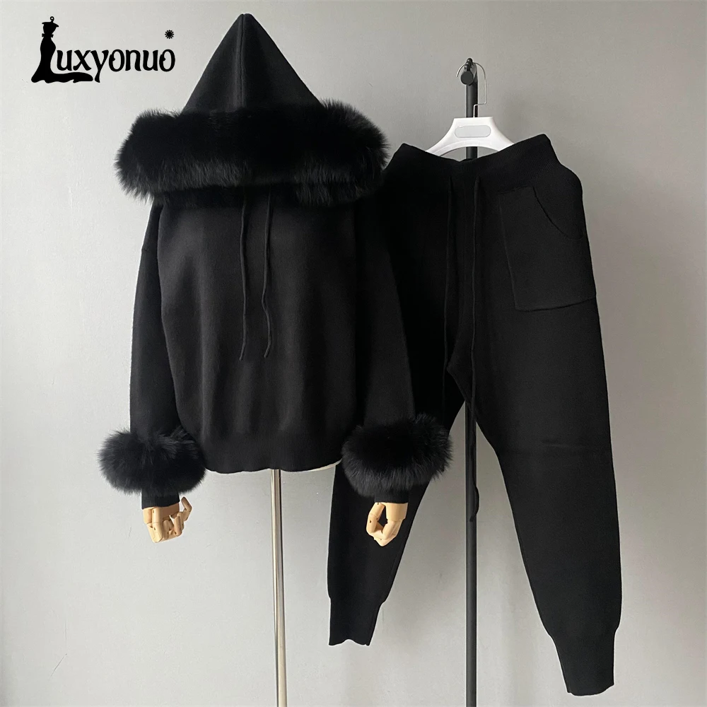 Luxyonuo Women\'s Sweater Set with Real Fox Fur Ladies Autumn Fashion Knit Hooded Tops and Pants Solid Color Pullover Female 2024