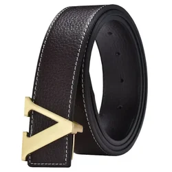 High Quality Smooth Buckle Korean Fashion V Genuine Leather Pants Jeans Belt for Men Women Luxury Brand Designer Cowboy