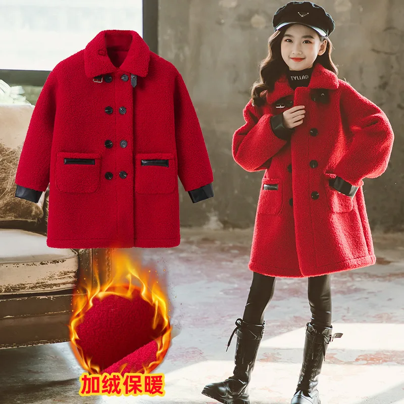 Hot Red Jacket Winter Spring Coat Outerwear Top Children Clothes School Kids Costume Teenage Girl Clothing Woolen Cloth High Qua