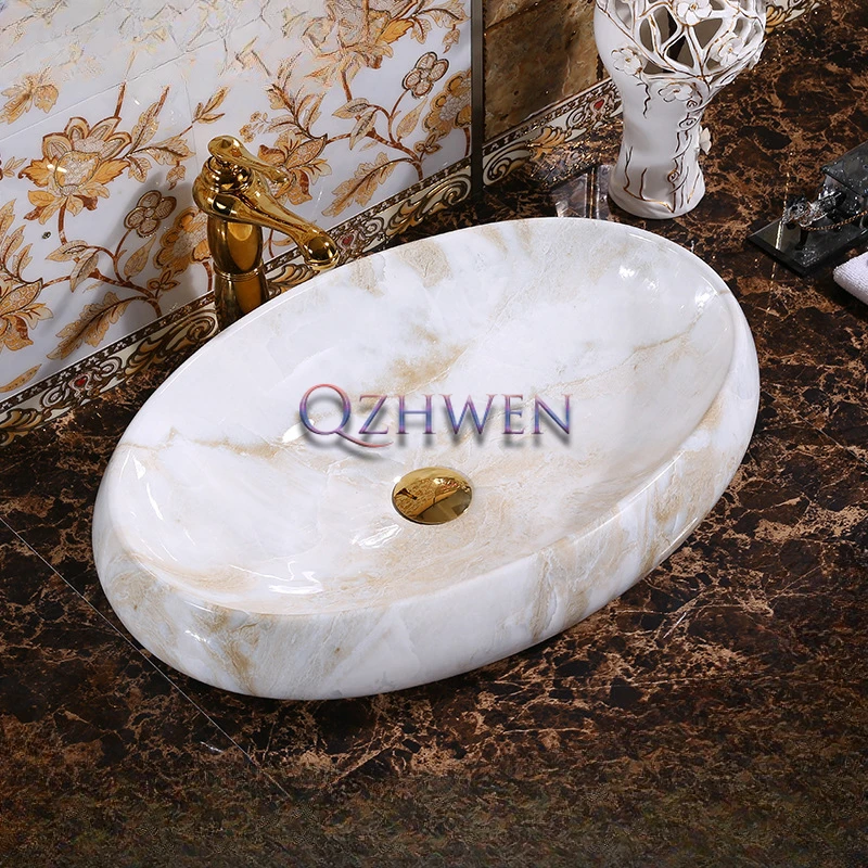 Retro Oval Ceramic Washbasin Imitation Marble Pattern Bathroom Sink Square Countertop Art Basin with Faucet Set 490*340*150mm