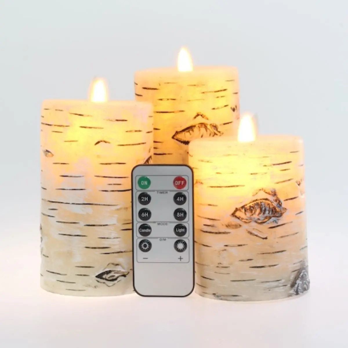 

Flameless Candles Set of 3 ,D 3" x H 4" 5" 6" Birch Bark Real Wax Pillars & Moving Flame Wick LED Candles with Remote Control