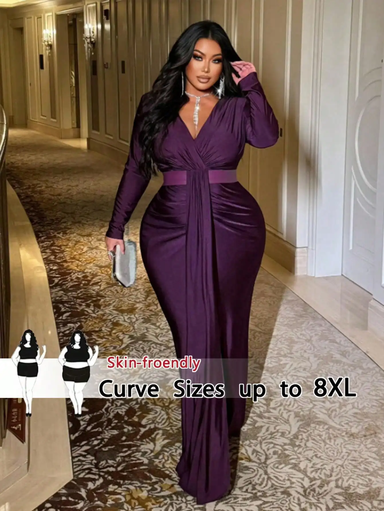 

Elegant Plum Deep V-Neck Long Sleeve Maxi Dress with Waist Belt for Plus Size