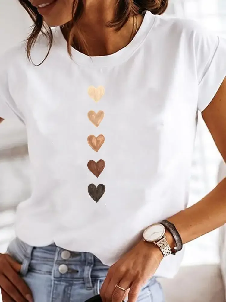 

Summer Short Sleeve Casual Ladies Fashion Female Graphic Tee Women Love Heart Watercolor Sweet Print T Clothing T-shirts