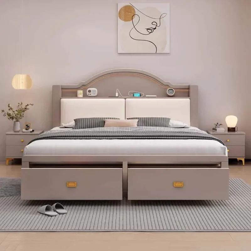 

Drawers Storage Couple Bed Minimalist Nordic Queen Size Double Bed Modern Wood Cama Casal Multifuncional Bedroom Furniture