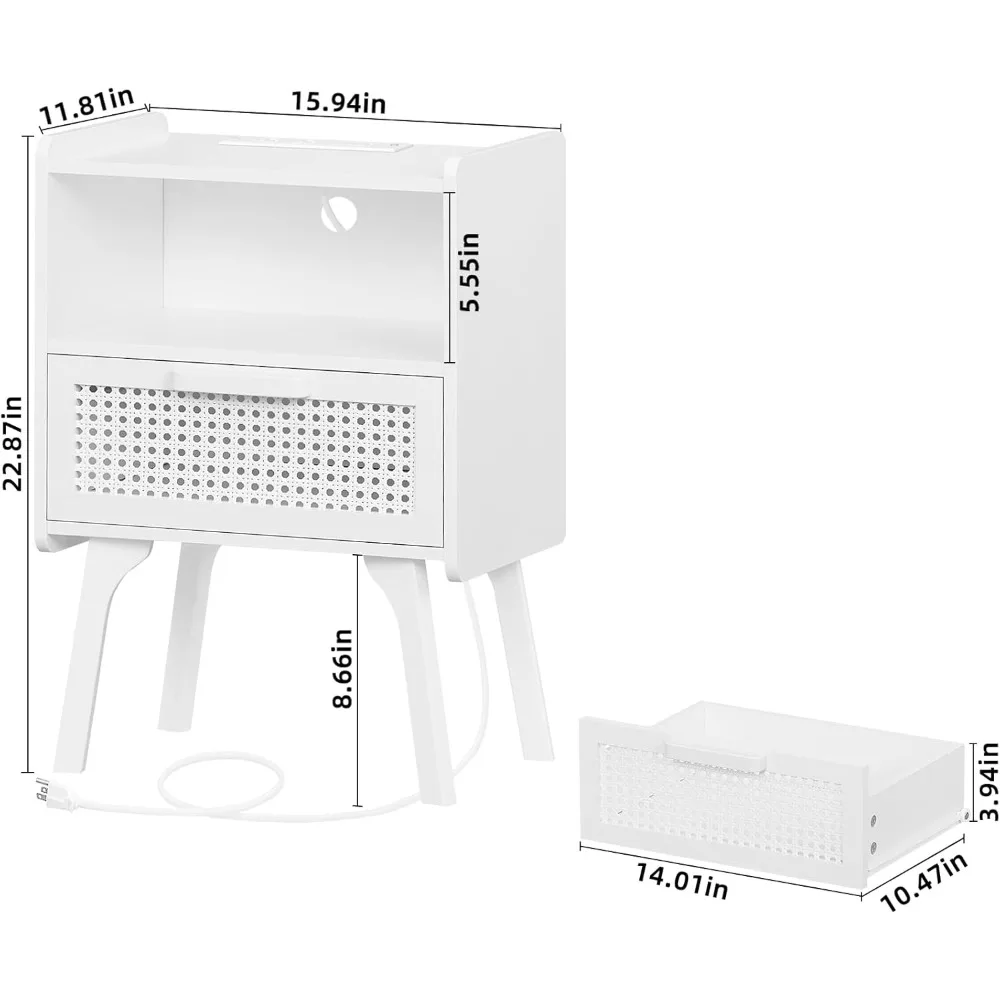 Juego de 2 mesitas de noche de ratán Lerliuo con estación de carga, mesa auxiliar con cajón y estante abierto, mesita de noche decorativa de caña con