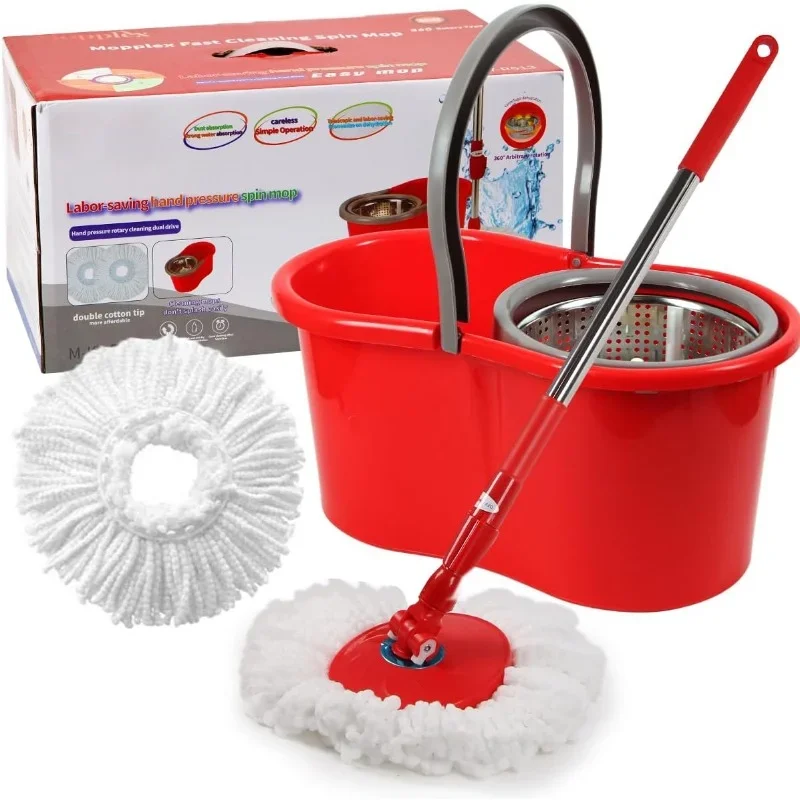 Spin Mop and Bucket with Wringer Set, 360° Spinning Mop and Bucket System with Double Cotton Tip Replacement Heads