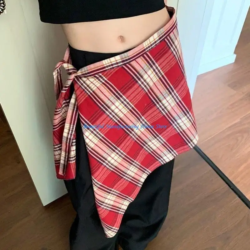 

E56A Checkered Layering Fake Top Mini Skirt Lower Skirt Tieback Shirt Extenders Half Length Skirt Underskirt Gifts