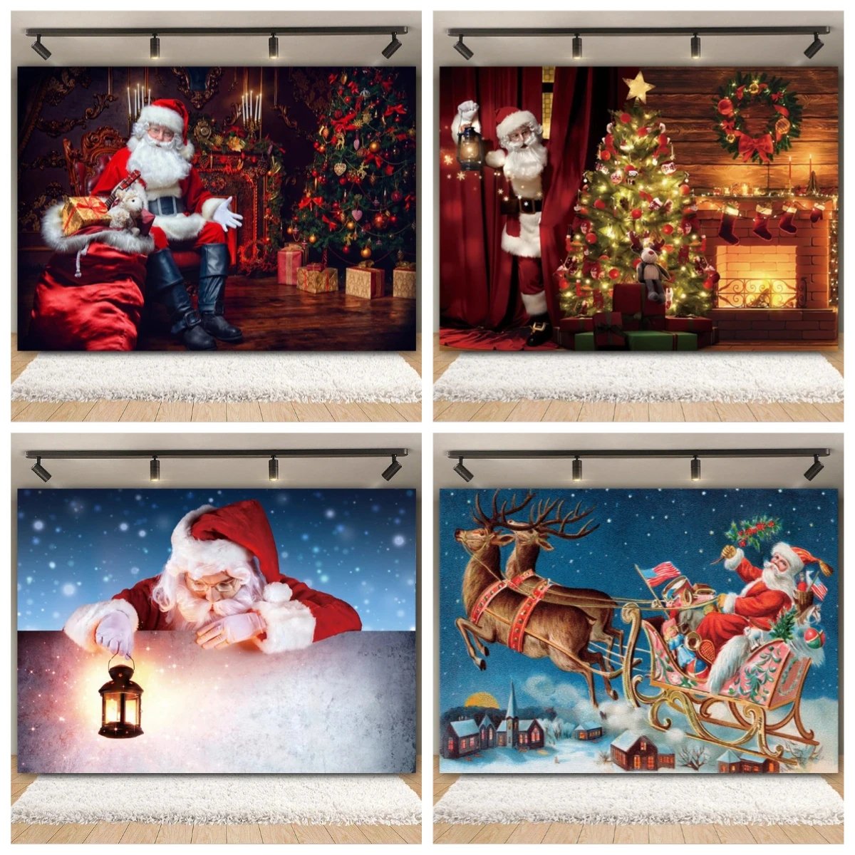 

Christmas Backdrop Winter Snow Christmas Tree Santa Claus Fireplace Window Kids Portrait Family Photography Background Decor
