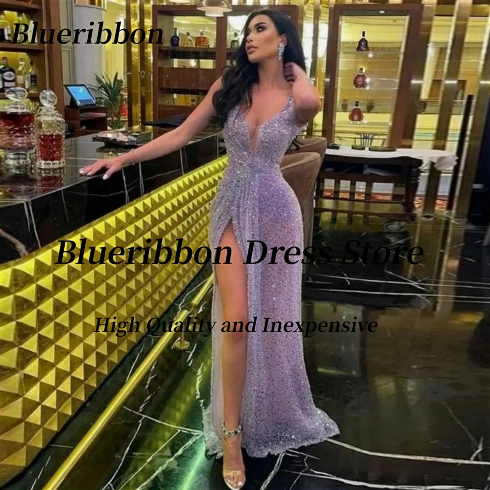 

Blueribbon Sparkling Sequins Prom Dresses V Neck Sexy High Side Slit Robe Des Women Wear Special Occasion Party Gowns