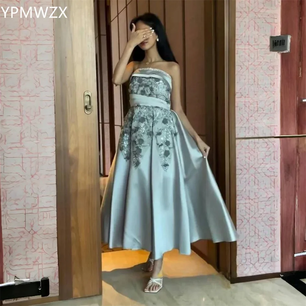 

Customized Women Party Dress Occasion Prom Gown Evening YPMWZX Strapless A-line Ankle Length Skirts Draped Sleeveless Applique F