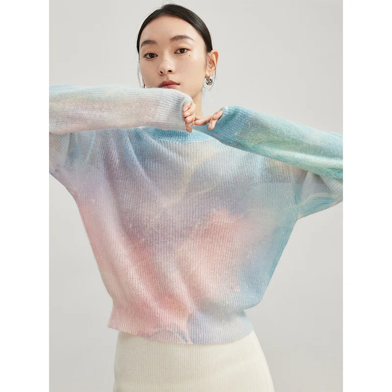 Autumn Gradually Short Mohair Wool Sweater Women Round Neck Loose Long Sleeve Pullover Tops