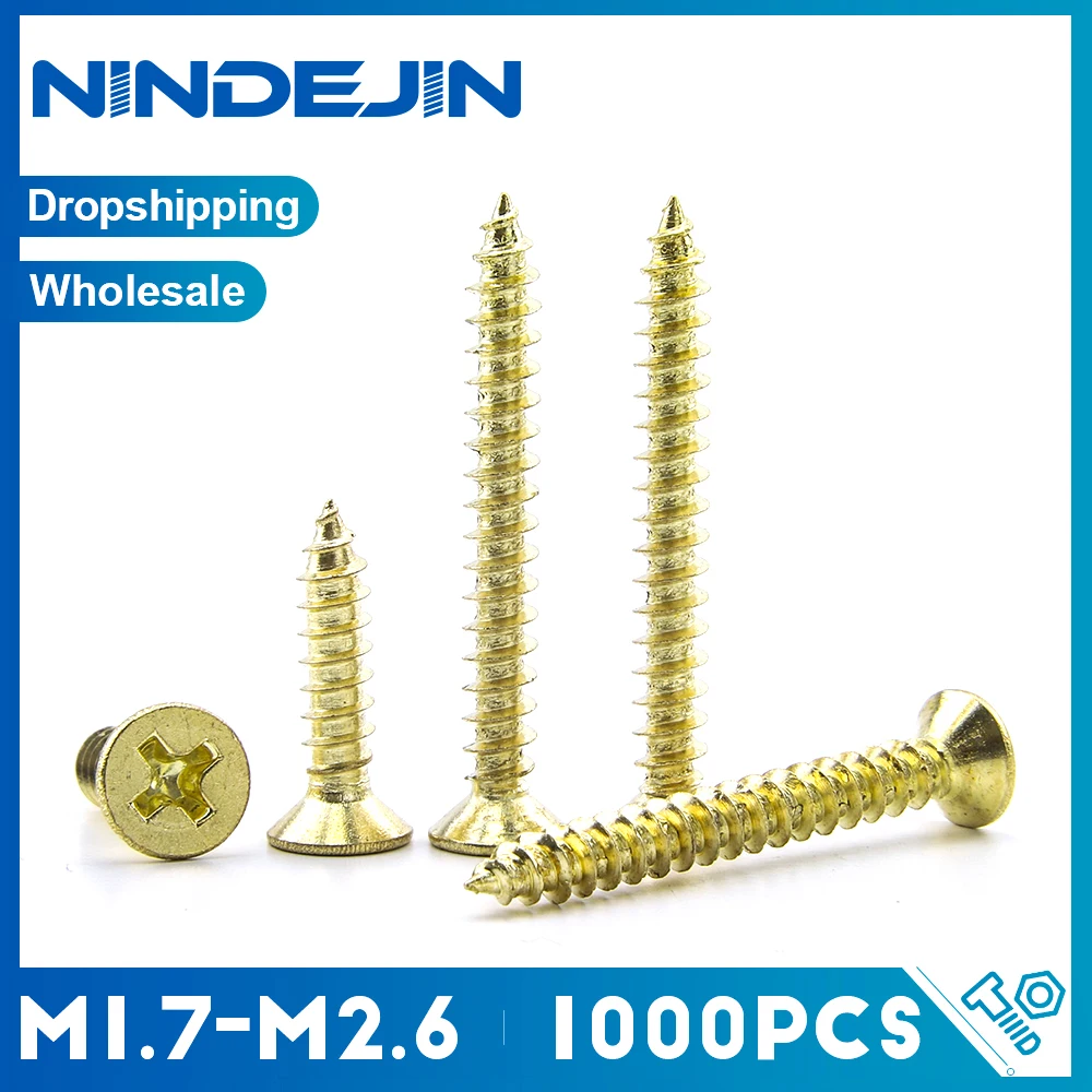 NNDEJIN 1000pcs Cross Phillips Flat Head Self Tapping Screw M1.7 M2 M2.3 M2.7 Gold Plate Carbon Stee Woodworking Small Screw