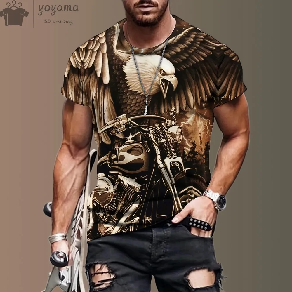 American Eagle Muster Herren T-Shirts 3D Motorrad Druck T-Shirt Kurzarm Retro Top Sommer Herren bekleidung übergroße Hemden