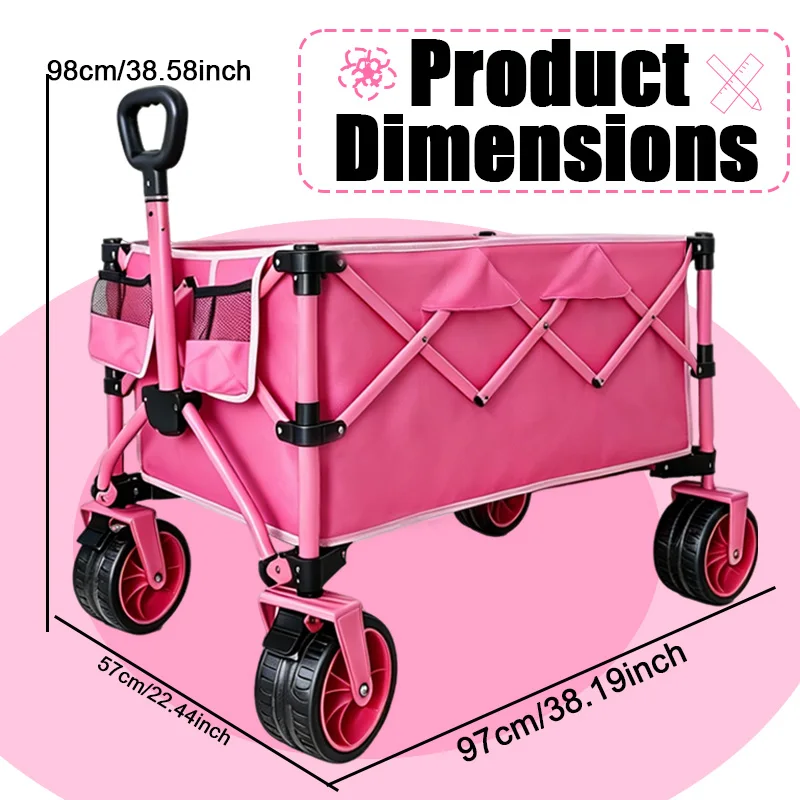 Outdoor Foldable Cart with All-Terrain Wheels—Multifunctional, Heavy-Duty, High-Capacity Shopping Cart, Garden Cart, Utility Cart, and Beach Cart. Lightweight and Easy to Carry, Ideal for Groceries, Shopping, Gardening, Sports, and Camping. Pink