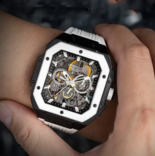 CRONUSART الرجال ساعة كرونوغراف مربع 45 مللي متر التلقائي الميكانيكية ساعة اليد مضيئة الهيكل العظمي الهاتفي حزام الفلوروروبر