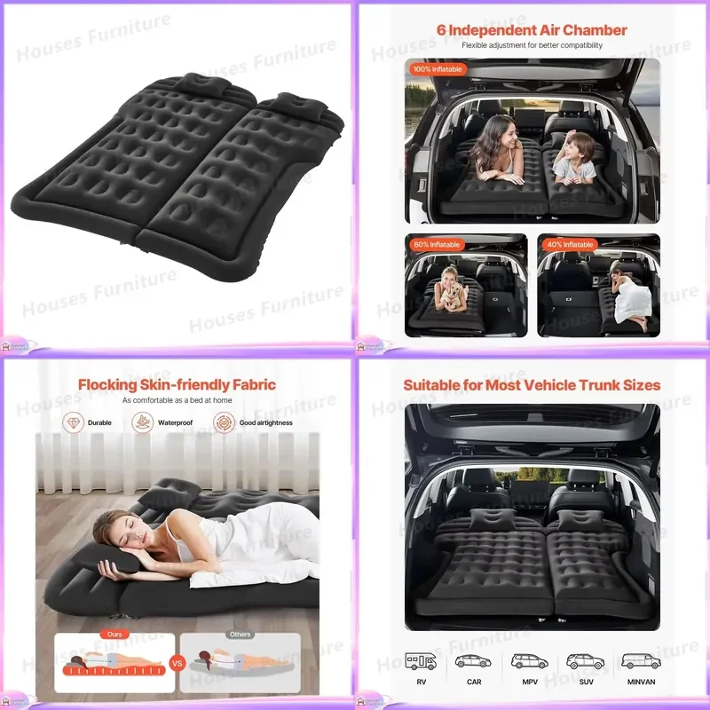 Black Portable Car Inflatable Mattress Thickened Flocking Surface Camping Travel Air Bed with Pump 2 Pillows Nozzle Durable