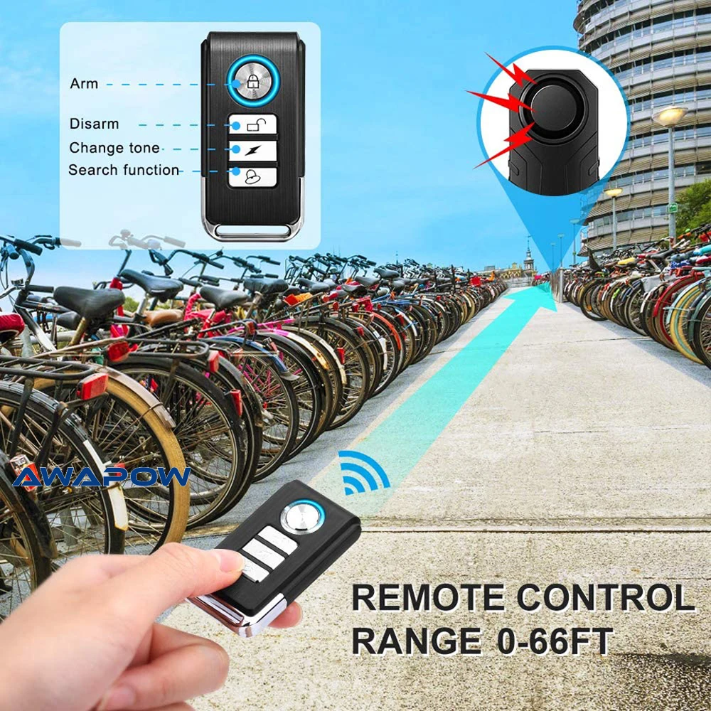 Awapow alarma de bicicleta 113dB impermeable motocicleta seguridad antirrobo Control remoto inalámbrico Scooter Eléctrico bicicleta alarma antirrobo